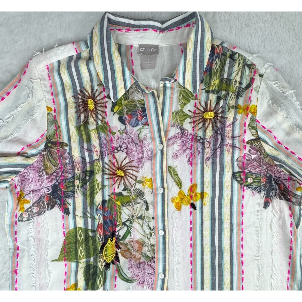 Chico's Shirt Womens 2 US 12 Embroidered Beaded Floral Stripe Boho Fringe Top - Picture 5 of 14